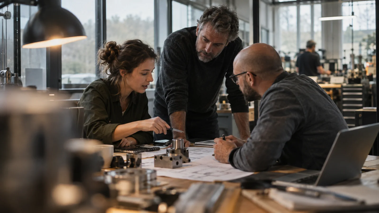 A technical team reviewing drawings and components around a worktable