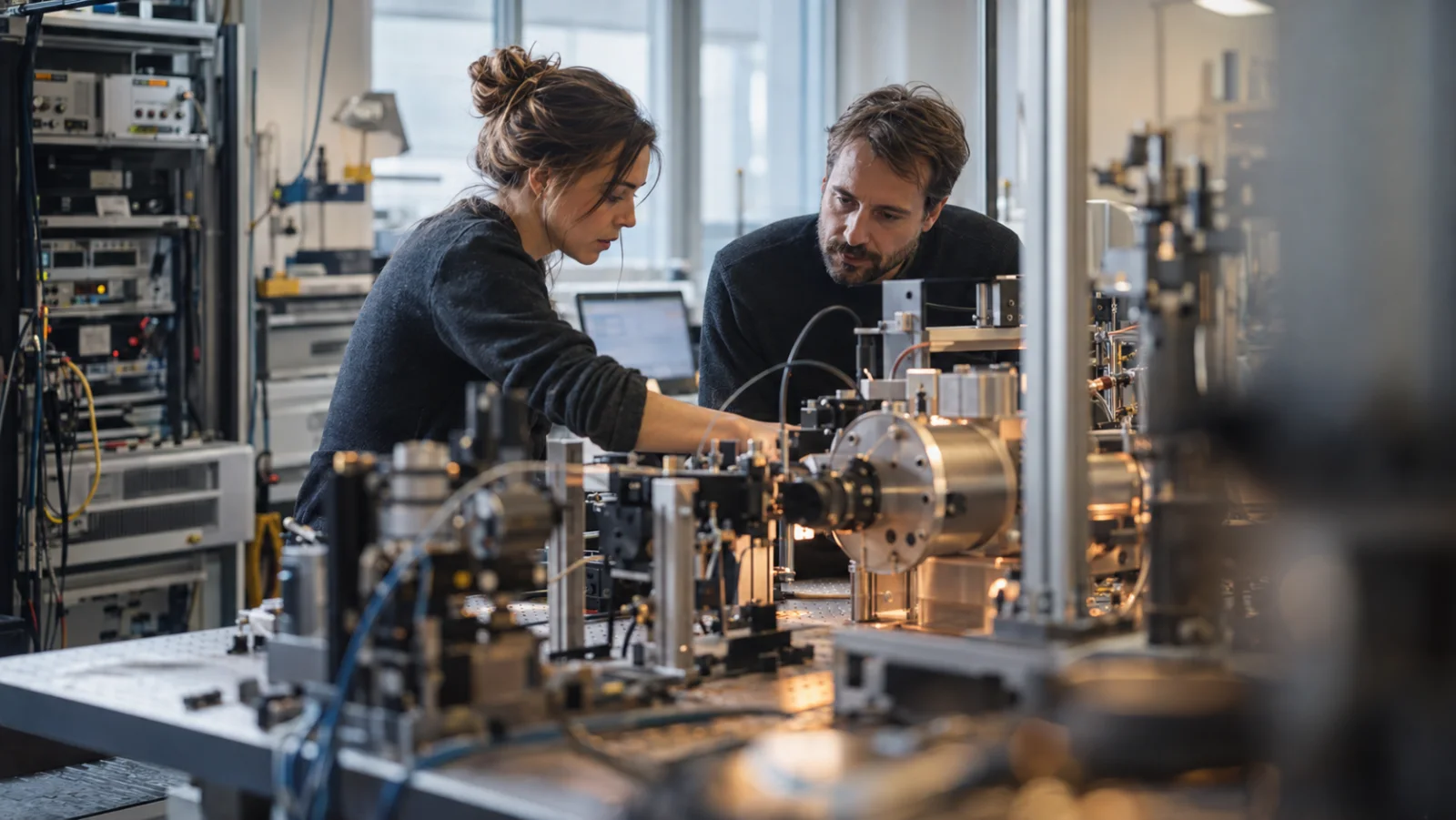 Two engineers collaborating around precision laboratory equipment