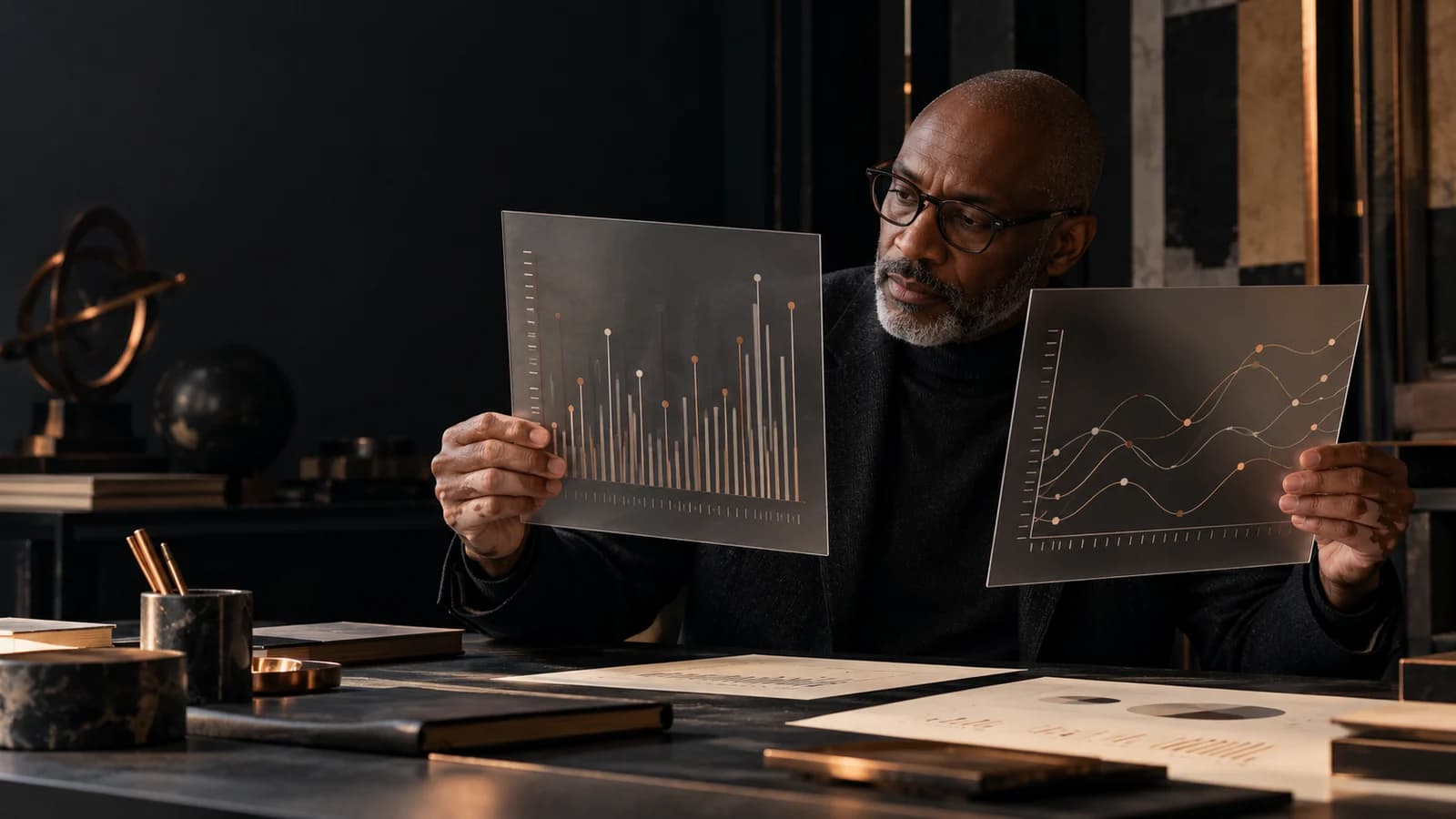 An illustrative analyst comparing two differently scaled research panels