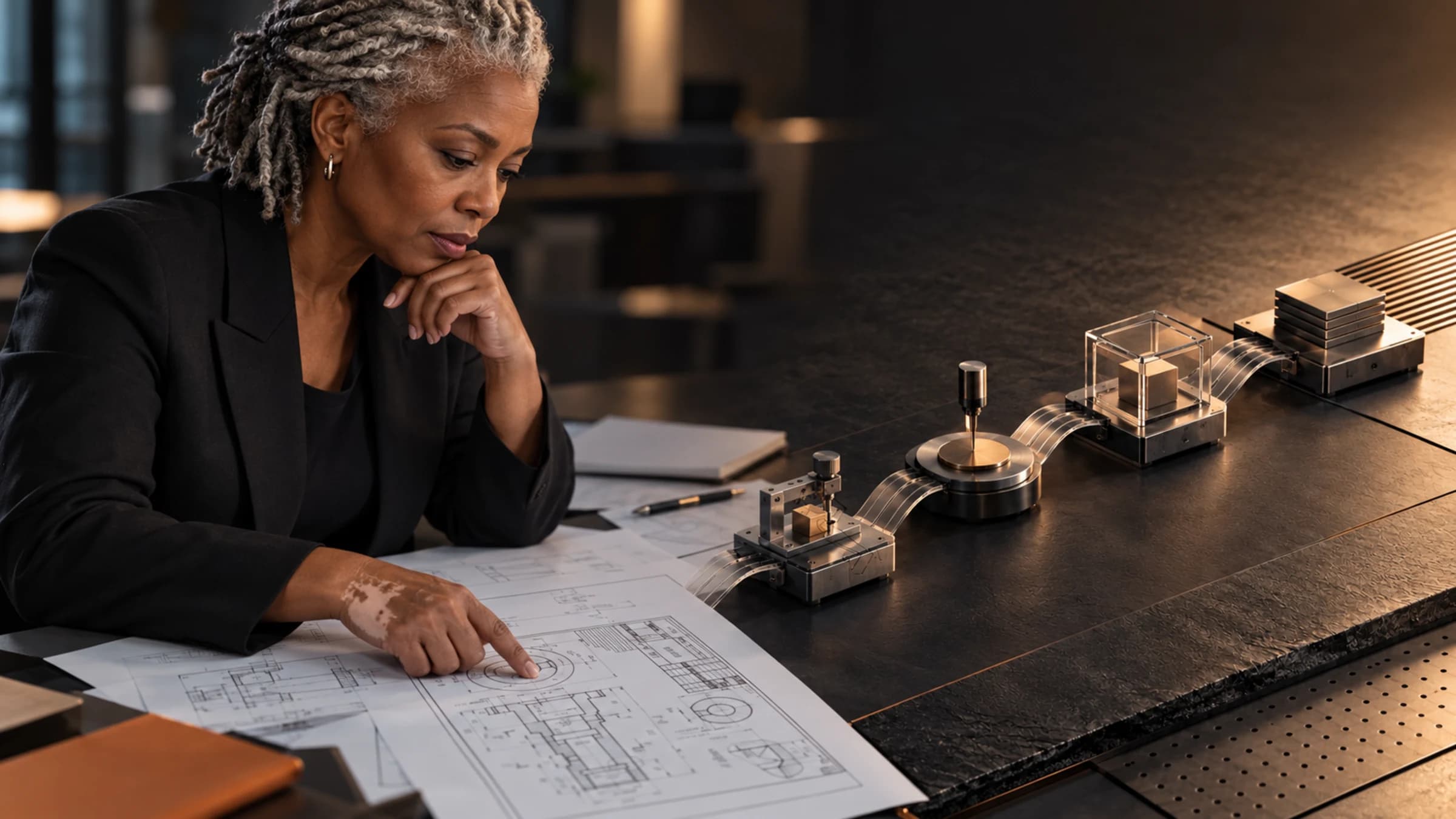 An illustrative systems architect reviews a technical plan beside a physical workflow representing accountable deployment from pilot to production