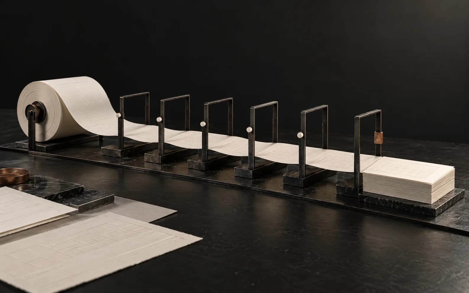An ivory evidence strip passes through six blackened-steel validation gates, with a copper review marker on the final gate